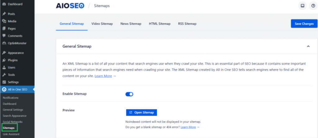 AIOSEO general sitemap settings