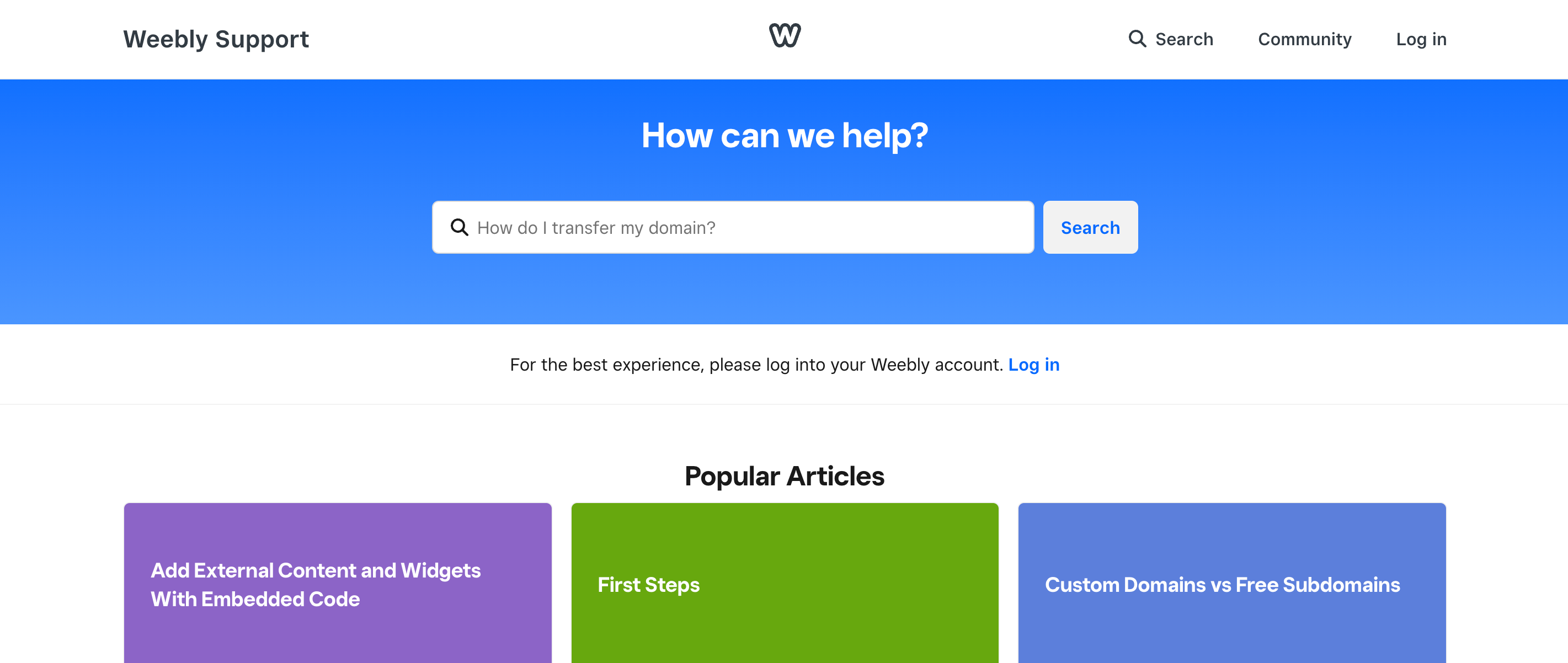 Support page of Weebly.