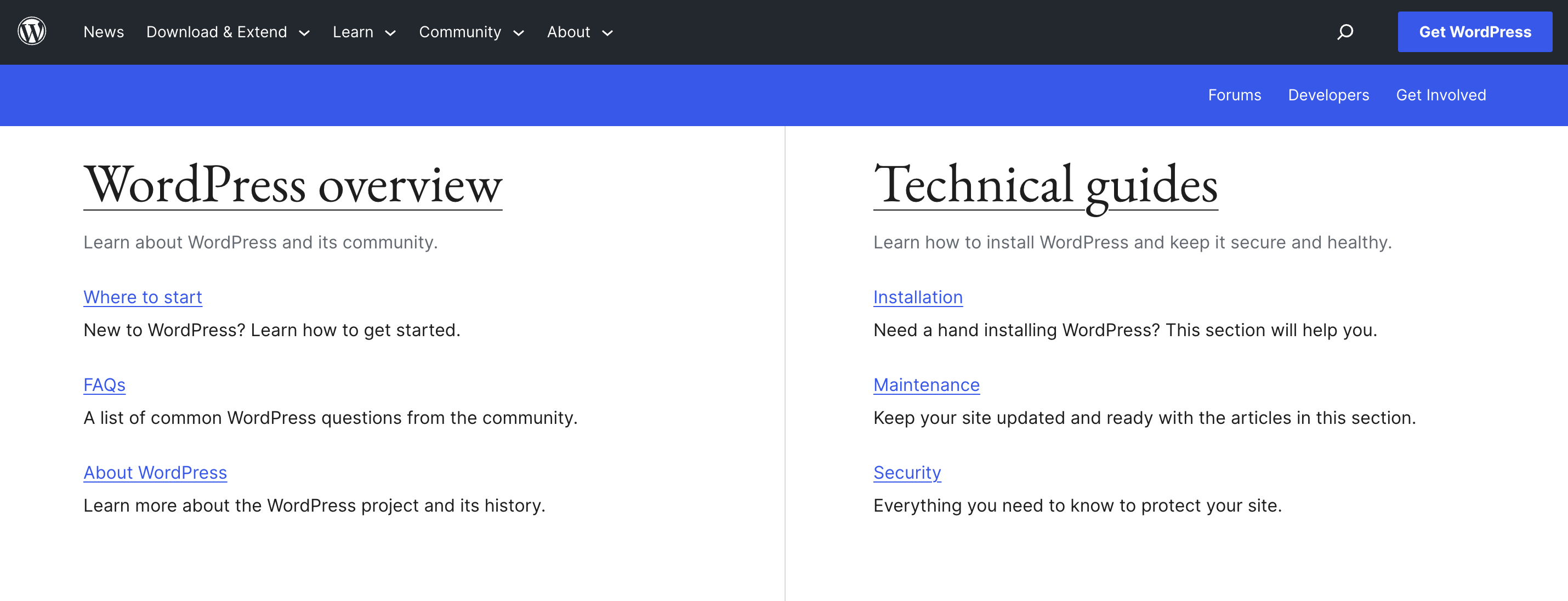 Support page of WordPress.org