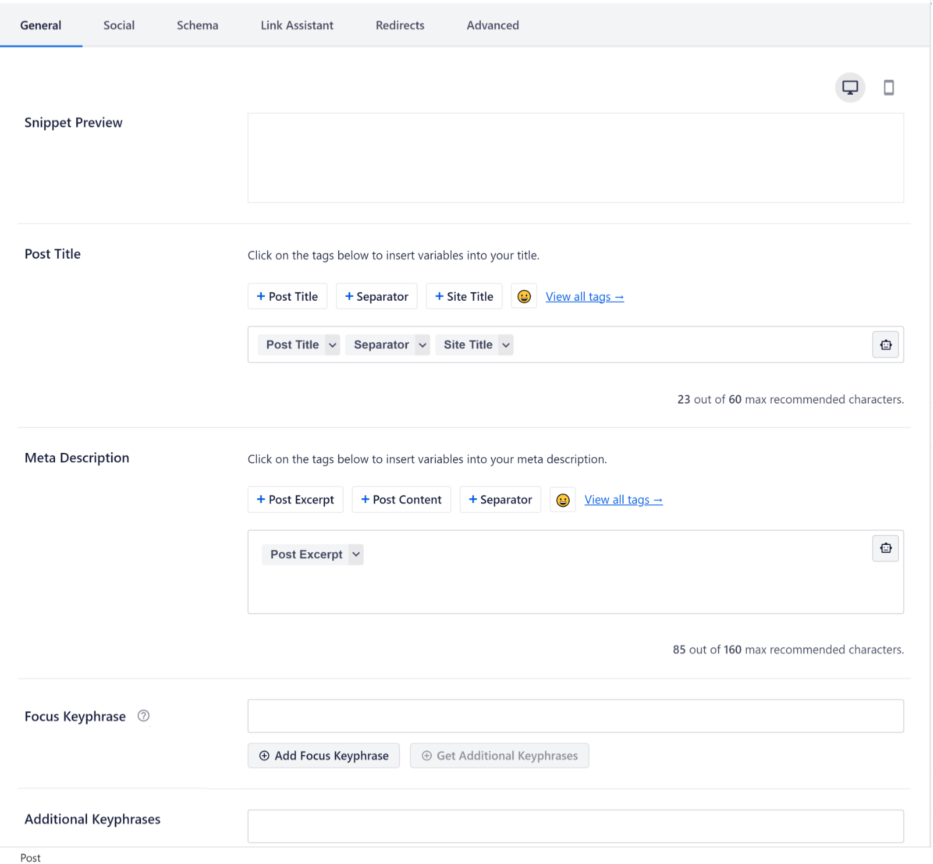meta descriptions settings on AIOSEO