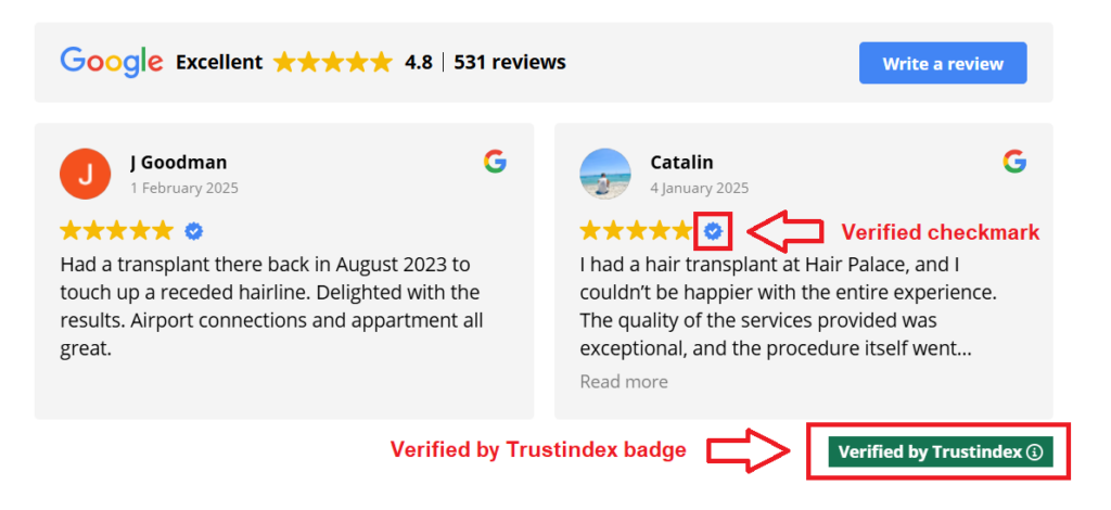 picture of a review widget with verified checkmark and verified by trustindex badge enabled